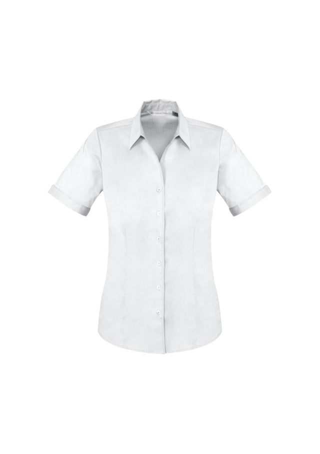 Ladies white Monaco short sleeve shirt size 26 with Y-neckline, turn back cuffs, and flattering fit for versatile styling.