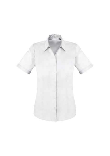 Ladies Monaco Short Sleeve Shirt in white, size 16, featuring a stylish Y-neckline and tailored fit for comfort and elegance.