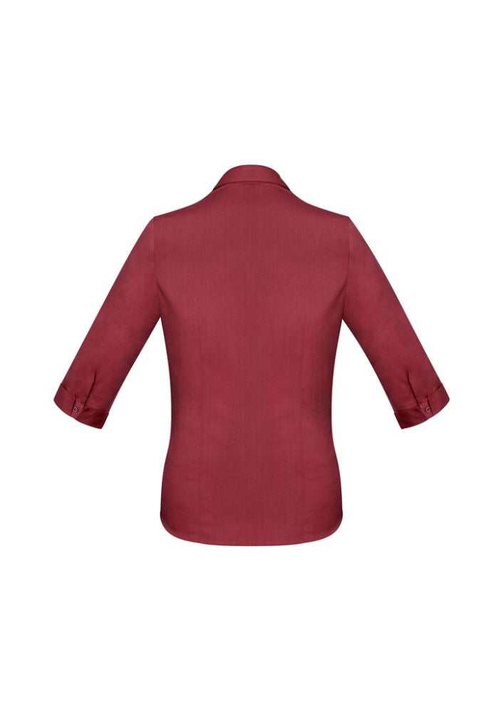 Ladies Monaco 3/4 Sleeve Shirt in Cherry, Size 8, featuring a stylish Y-neckline, elegant darts, and built-in stretch for comfort.