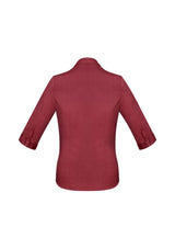Ladies Monaco 3/4 Sleeve Shirt in Cherry, Size 8, featuring a stylish Y-neckline, elegant darts, and built-in stretch for comfort.