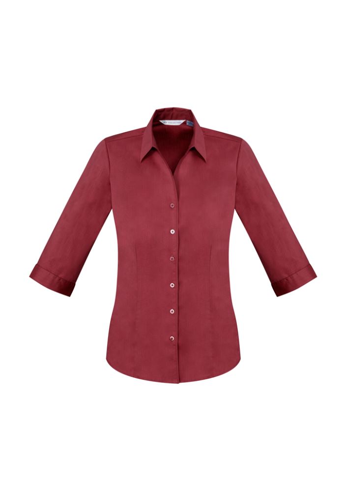 Ladies Monaco 3/4 Sleeve Shirt in vibrant Cherry, Size 8, featuring a chic Y-neckline and comfortable stretch fabric.