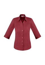 Ladies Monaco 3/4 Sleeve Shirt in vibrant Cherry, Size 8, featuring a chic Y-neckline and comfortable stretch fabric.