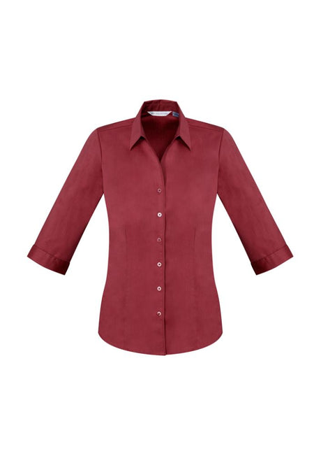 Ladies Monaco 3/4 Sleeve Shirt in vibrant Cherry, Size 8, featuring a chic Y-neckline and comfortable stretch fabric.