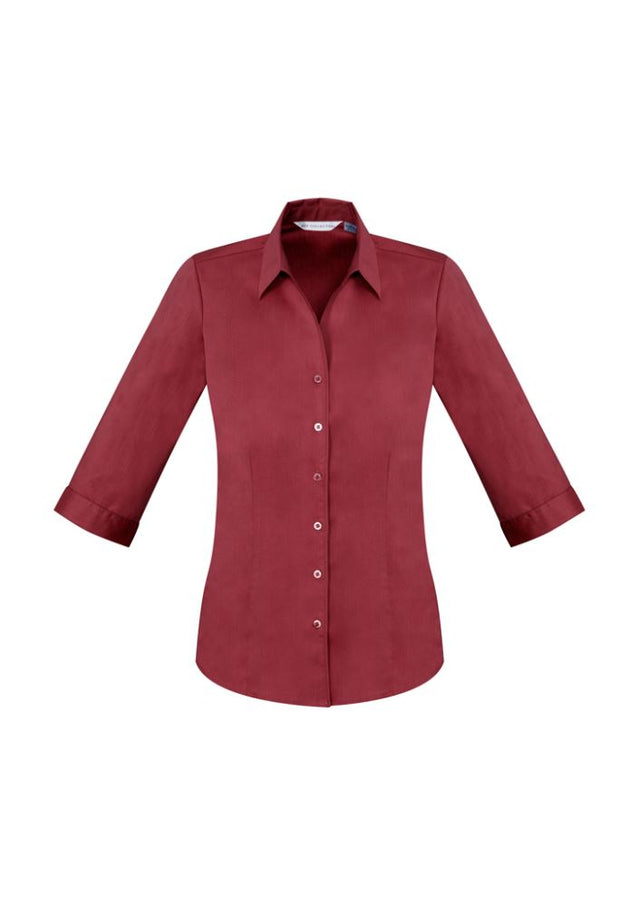 Ladies Monaco 3/4 Sleeve Shirt in vibrant Cherry, Size 8, featuring a chic Y-neckline and comfortable stretch fabric.