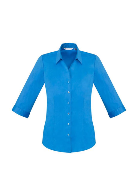 Cyan Ladies Monaco 3/4 Sleeve Shirt, size 10, featuring Y-neckline, chic cuffs, and breathable cotton-rich fabric.