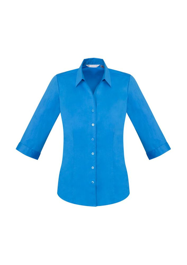 Cyan Ladies Monaco 3/4 Sleeve Shirt, size 10, featuring Y-neckline, chic cuffs, and breathable cotton-rich fabric.