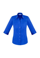 Electric Blue Ladies Monaco 3/4 Sleeve Shirt, size 20, featuring Y-neckline, turn-back cuffs, and tailored fit for elegance.