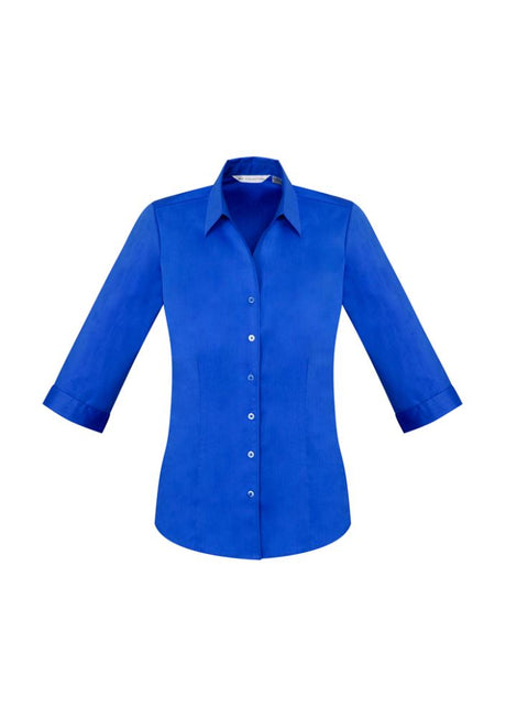 Electric Blue Ladies Monaco 3/4 Sleeve Shirt, size 20, featuring Y-neckline, turn-back cuffs, and tailored fit for elegance.