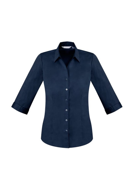 Elegant ladies' 3/4 sleeve shirt in ink color with Y-neckline, tailored fit, and UPF protection for stylish comfort.