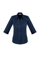 Ladies Monaco 3/4 Sleeve Shirt in Ink, Size 22, featuring a stylish Y-neckline and comfortable stretch fabric.