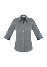 Ladies Monaco 3/4 Sleeve Shirt: chic Y-neckline, tailored fit, cotton blend for comfort, UPF protection, versatile styling options.