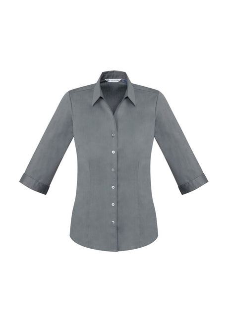 Ladies Monaco 3/4 Sleeve Shirt: chic Y-neckline, tailored fit, cotton blend for comfort, UPF protection, versatile styling options.