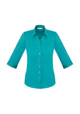 Teal Ladies Monaco 3/4 Sleeve Shirt, Size 16, featuring a Y-neckline, stylish cuffs, and a flattering curved hem.