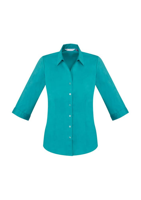 Teal 3/4 sleeve shirt for women, featuring a stylish Y-neckline, elegant cuffs, and a flattering fit, size 18 by Biz Collection.