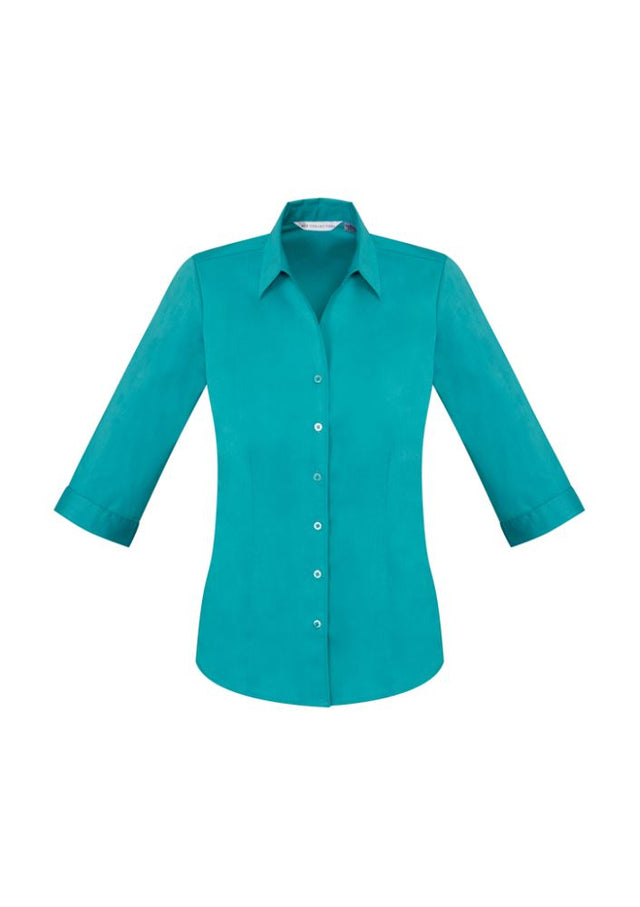 Teal 3/4 sleeve shirt for women, featuring a stylish Y-neckline, elegant cuffs, and a flattering fit, size 18 by Biz Collection.