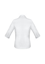 Ladies Monaco 3/4 Sleeve Shirt in white, size 6; features Y-neckline, turn-back cuffs, and flattering fit for versatile styling.