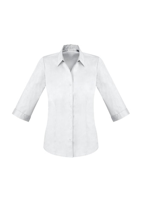Ladies Monaco 3/4 Sleeve Shirt in white, size 22, featuring Y-neckline, turn-back cuffs, and flattering fit for elegance and comfort.
