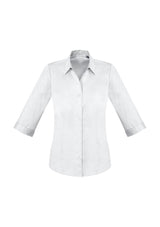 Ladies Monaco 3/4 Sleeve Shirt in white, featuring a Y-neckline, turn-back cuffs, and lightweight stretch fabric for comfort.