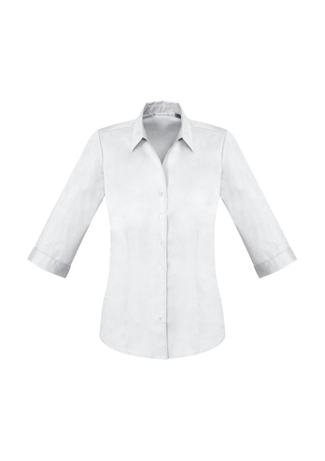 Ladies Monaco 3/4 Sleeve Shirt in white, featuring a Y-neckline, turn-back cuffs, and lightweight stretch fabric for comfort.