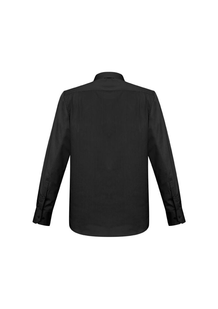 Men's black long sleeve Monaco shirt featuring modern collar, chest pocket, twin back pleats, and curved hem for versatility.