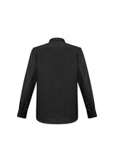 Men's black long sleeve Monaco shirt featuring modern collar, chest pocket, twin back pleats, and curved hem for versatility.