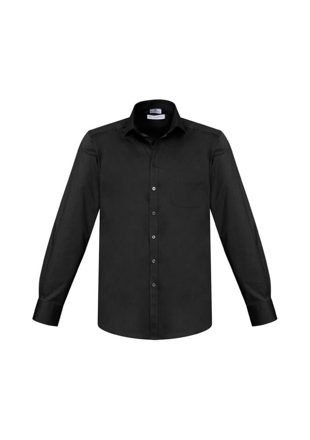 Men's black long sleeve shirt in 3XL, featuring a modern collar, chest pocket, and stretch fabric for comfort and mobility.