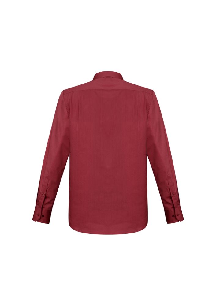 Men's Monaco Long Sleeve Shirt in Cherry, size S. Stylish, comfortable with modern collar, chest pocket, and curved hem.