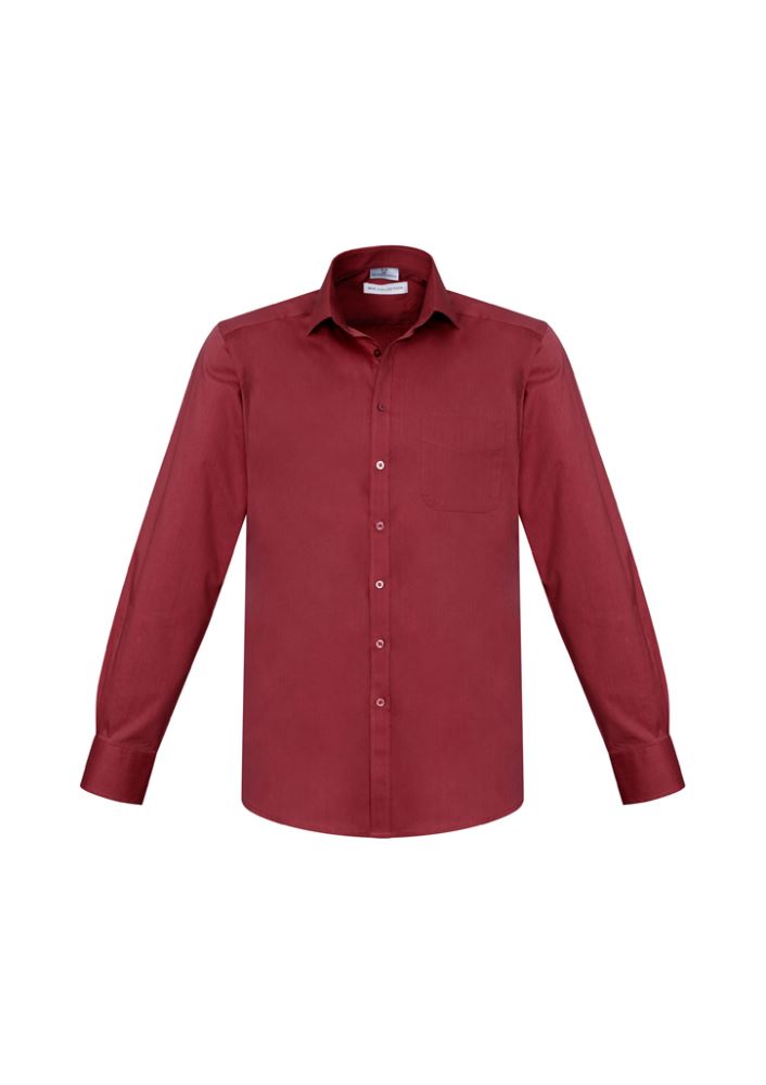 Men's cherry long sleeve Monaco shirt, premium cotton blend, modern collar, chest pocket, tailored fit, adjustable cuffs.