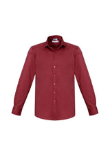 Mens long sleeve shirt in cherry color, size L, featuring a modern collar, chest pocket, and curved hem for versatile styling.