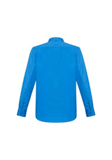 Men's long sleeve cyan shirt featuring a modern collar, chest pocket, and adjustable cuffs for style and comfort.