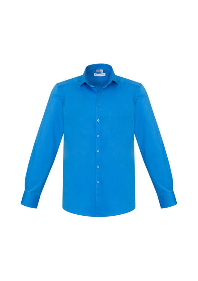 Men's cyan long sleeve shirt, size XL, featuring a modern collar, chest pocket, twin pleats, and UPF protection from Biz Collection.