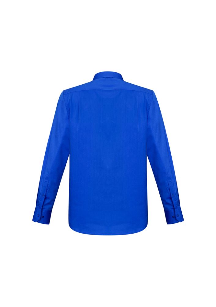Men's electric blue long sleeve shirt with modern collar, chest pocket, and adjustable cuffs, perfect for casual or professional wear.