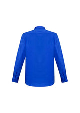 Men's electric blue long sleeve shirt with modern collar, chest pocket, and adjustable cuffs, perfect for casual or professional wear.