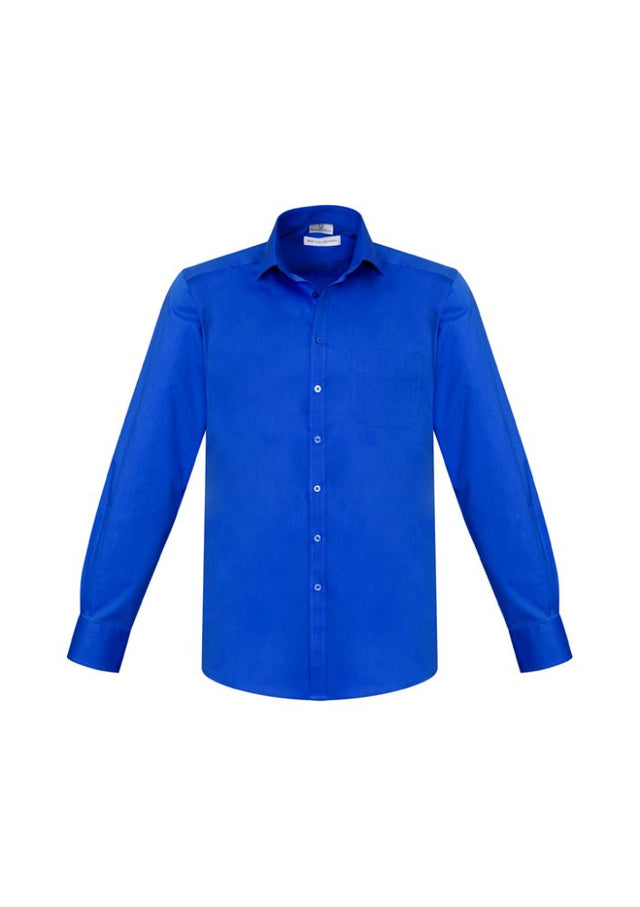 Men's Electric Blue Long Sleeve Monaco Shirt, size 5XL, featuring a modern collar, chest pocket, and UPF protection.