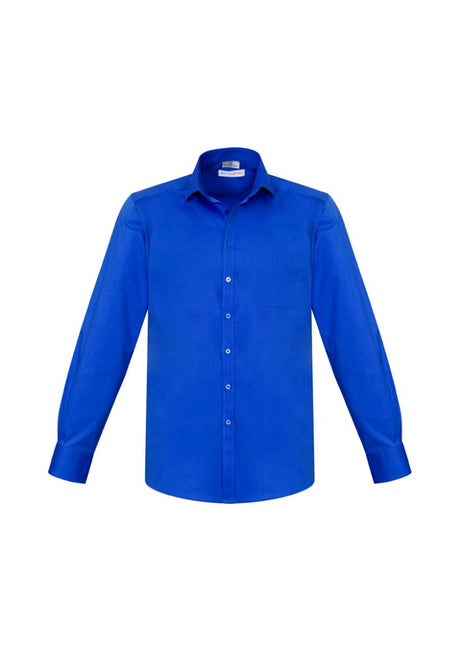 Mens Monaco Long Sleeve Shirt in Electric Blue, size 3XL, features a modern collar, chest pocket, and built-in stretch for comfort.