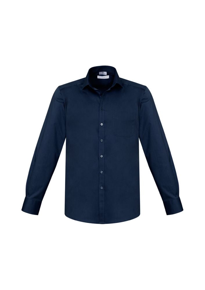 Mens Monaco Long Sleeve Shirt in Ink, 4XL, features cotton-rich blend, modern collar, chest pocket, and adjustable cuffs.