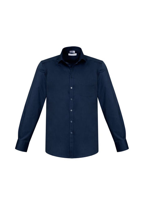 Mens Monaco Long Sleeve Shirt in Ink, 4XL, features cotton-rich blend, modern collar, chest pocket, and adjustable cuffs.