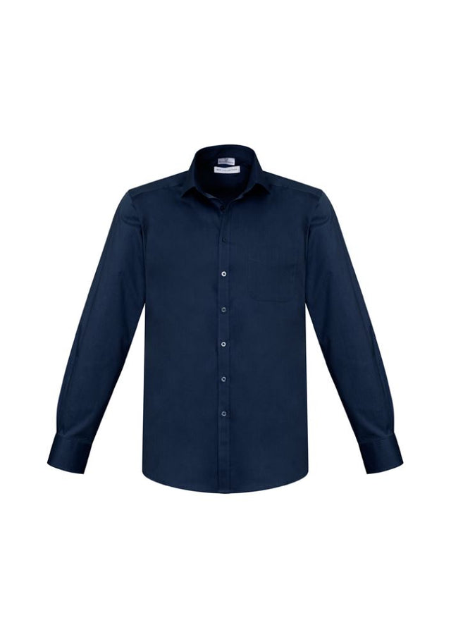 Mens Monaco Long Sleeve Shirt in Ink, 4XL, features cotton-rich blend, modern collar, chest pocket, and adjustable cuffs.