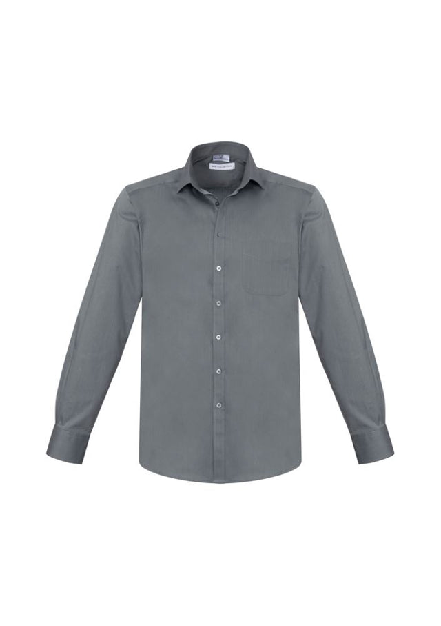 Men's Monaco Long Sleeve Shirt in Platinum, size M, featuring a modern collar, chest pocket, and UPF protection for style and comfort.