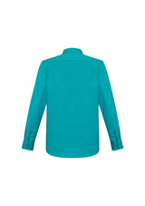 Men's teal long sleeve shirt from Biz Collection, featuring modern collar, chest pocket, adjustable cuffs, and UPF protection.