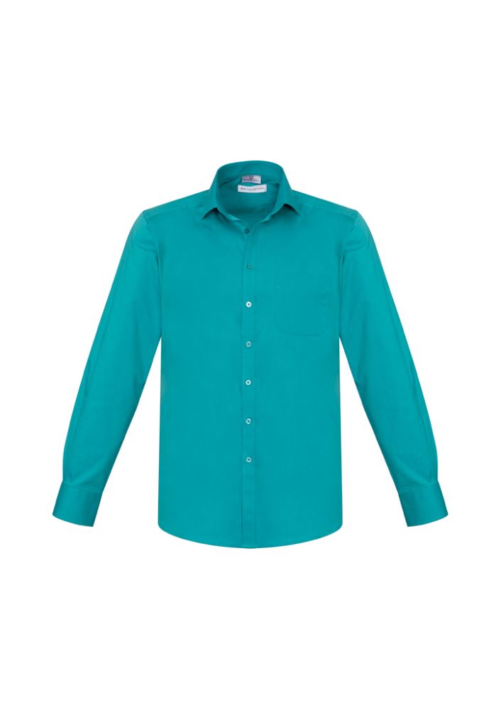 Men's teal long sleeve shirt with modern collar, chest pocket, and adjustable cuff for comfort and style. Size S, Biz Collection.