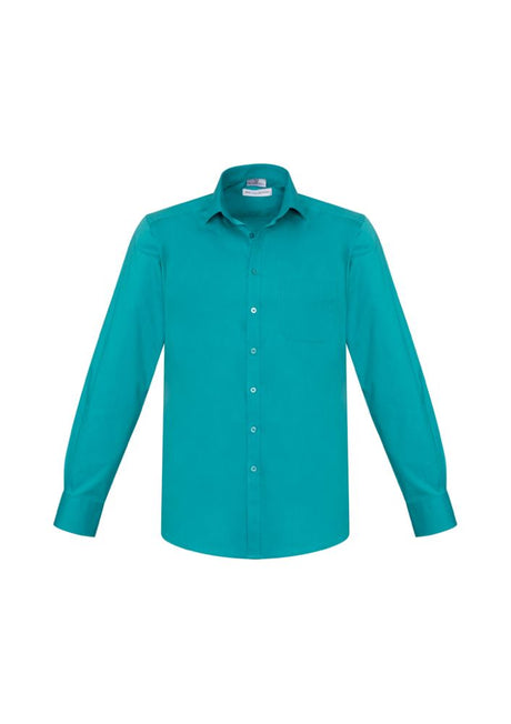 Men's teal long sleeve shirt with modern collar, chest pocket, and adjustable cuff for comfort and style. Size S, Biz Collection.