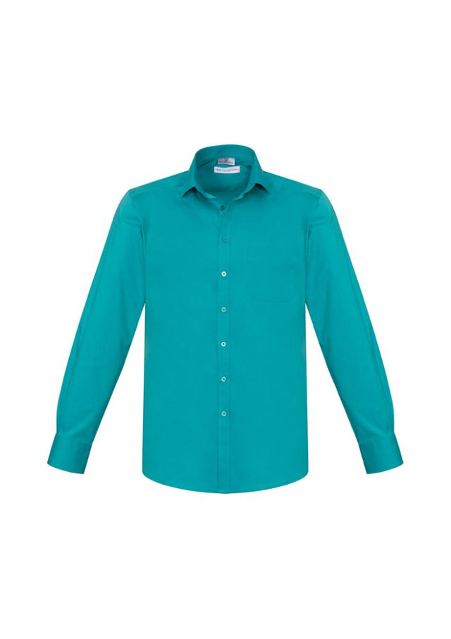 Men's teal long sleeve shirt with modern collar, chest pocket, and adjustable cuff for comfort and style. Size S, Biz Collection.
