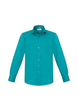 Teal long sleeve shirt for men by Biz Collection, featuring modern collar, chest pocket, and adjustable cuffs for comfort.