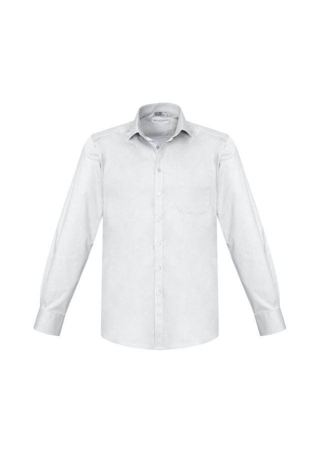 Men's Monaco Long Sleeve Shirt in White, size 5XL, features premium stretch fabric, modern collar, chest pocket, and curved hem.