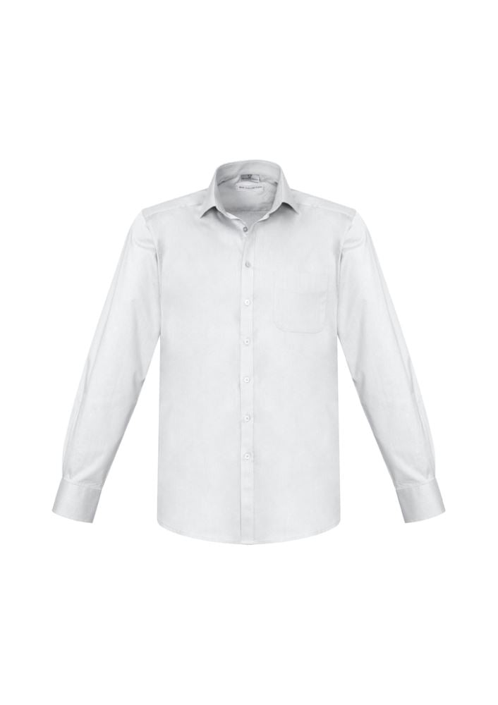 Men's white long sleeve shirt by Biz Collection, size S, featuring modern collar, chest pocket, and adjustable cuffs for ultimate comfort.