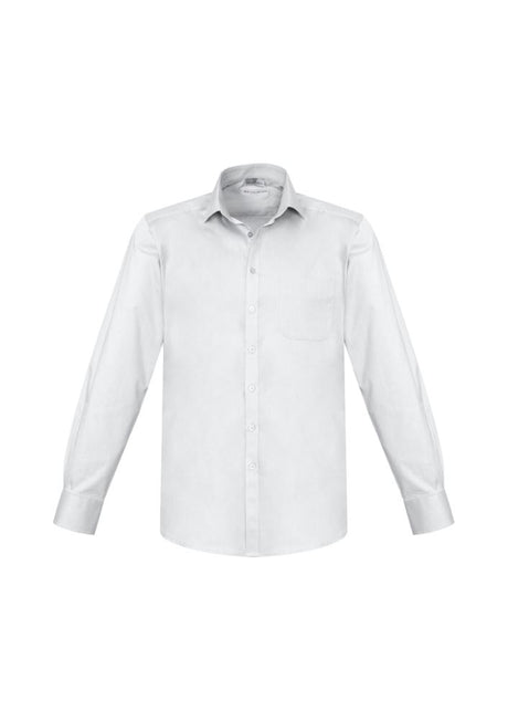 Men's white long sleeve shirt by Biz Collection, size S, featuring modern collar, chest pocket, and adjustable cuffs for ultimate comfort.