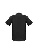 Men's black short sleeve shirt in 4XL, cotton-rich blend, modern collar, chest pocket, curved hem, perfect for casual and professional settings.