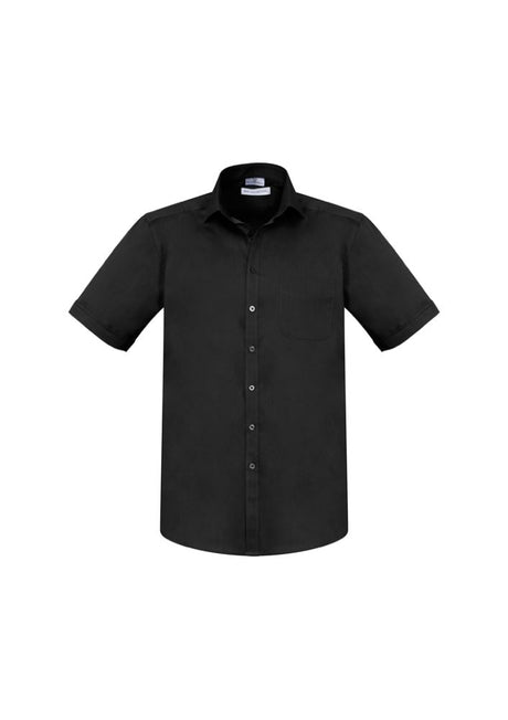 Men's black Monaco short sleeve shirt featuring modern collar, chest pocket, twin pleats, and UPF protection in size M.