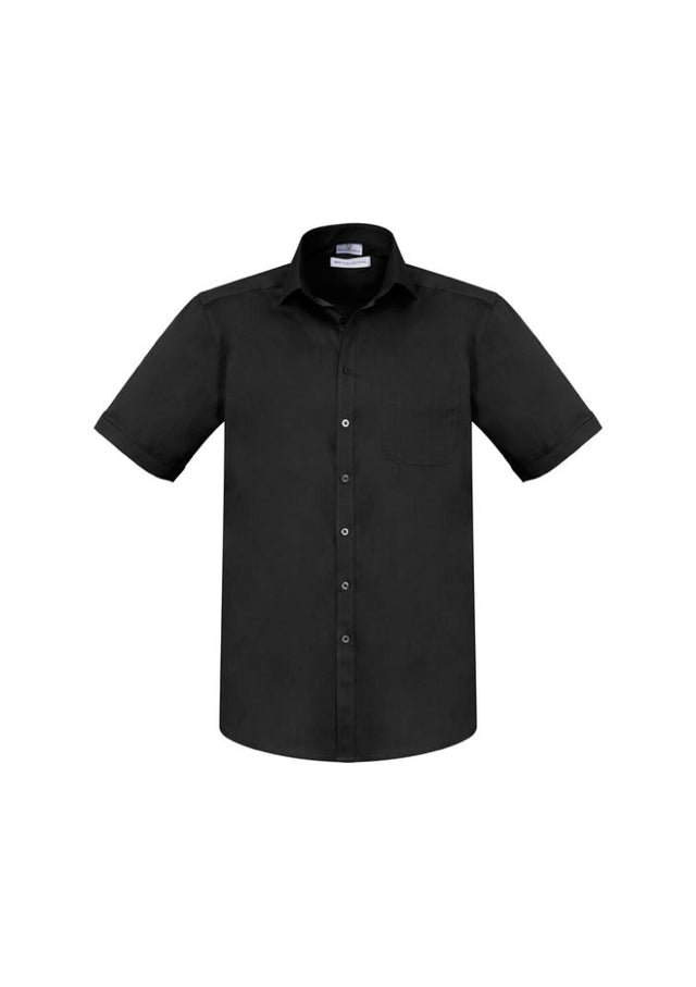 Men's black Monaco short sleeve shirt featuring modern collar, chest pocket, twin pleats, and UPF protection in size M.